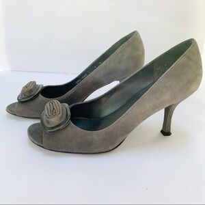 Rare Stuart Weitzman Heels Gray Suede Peep Toe Suede Buckle Pumps Heels Sz 9
